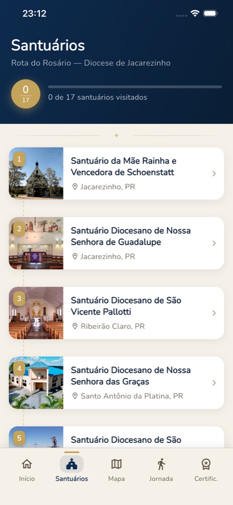 App Rota do Rosário — lista de santuários
